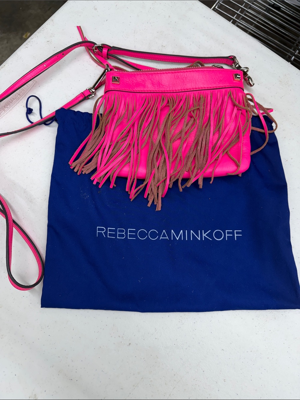 Rebecca Minkoff Neon Pink Fringe Crossbody with Tan Accents